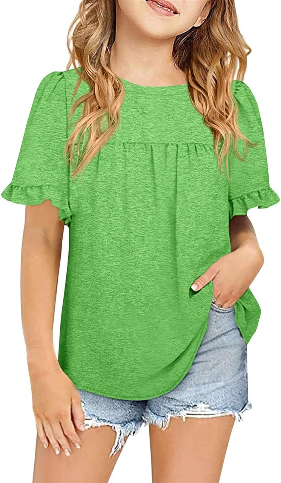 Girls Short Sleeve Tops Casual Crewneck T Shirts Kids Peplum Babydoll Tunic Tees Blouses Size 4-15 Years