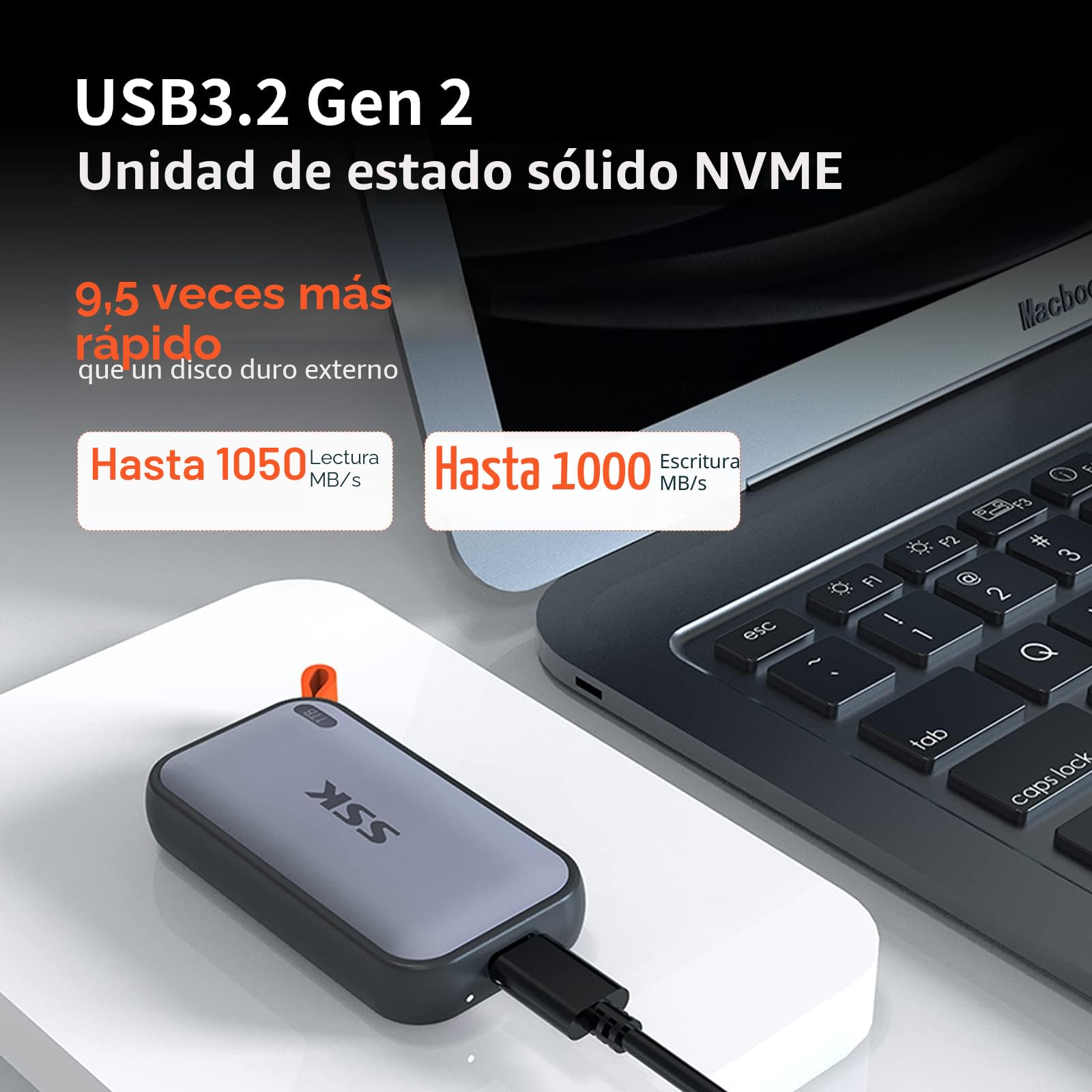 SSK SSD Externo 250GB Portatil Disco Extreme SSD，Velocidad de transmisión Extrema de hasta 1050 MB/s Disco Duro USB 3.2 Gen 2 para teléfonos Inteligentes Tipo c, PS5, Xbox,Macbook y más