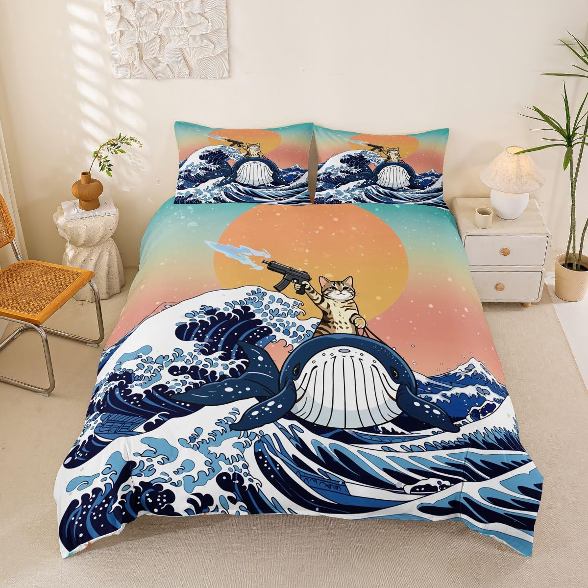Homewish Whale Beach - Set di biancheria da letto con copripiumino super king size kawaii coraggiosi gatto giapponese acquerello cielo stellato tramonto copripiumino blu oceano onde Ukiyoe set da