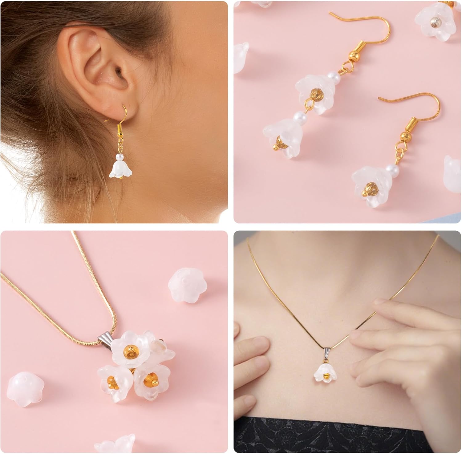 100pcs Trumpet Flower Beads, Glass Flower Beads for Jewelry Making, Mini Flora Charms for Making Necklace Bracelets Earrings Home Decor DIY Craft- White - Image 4