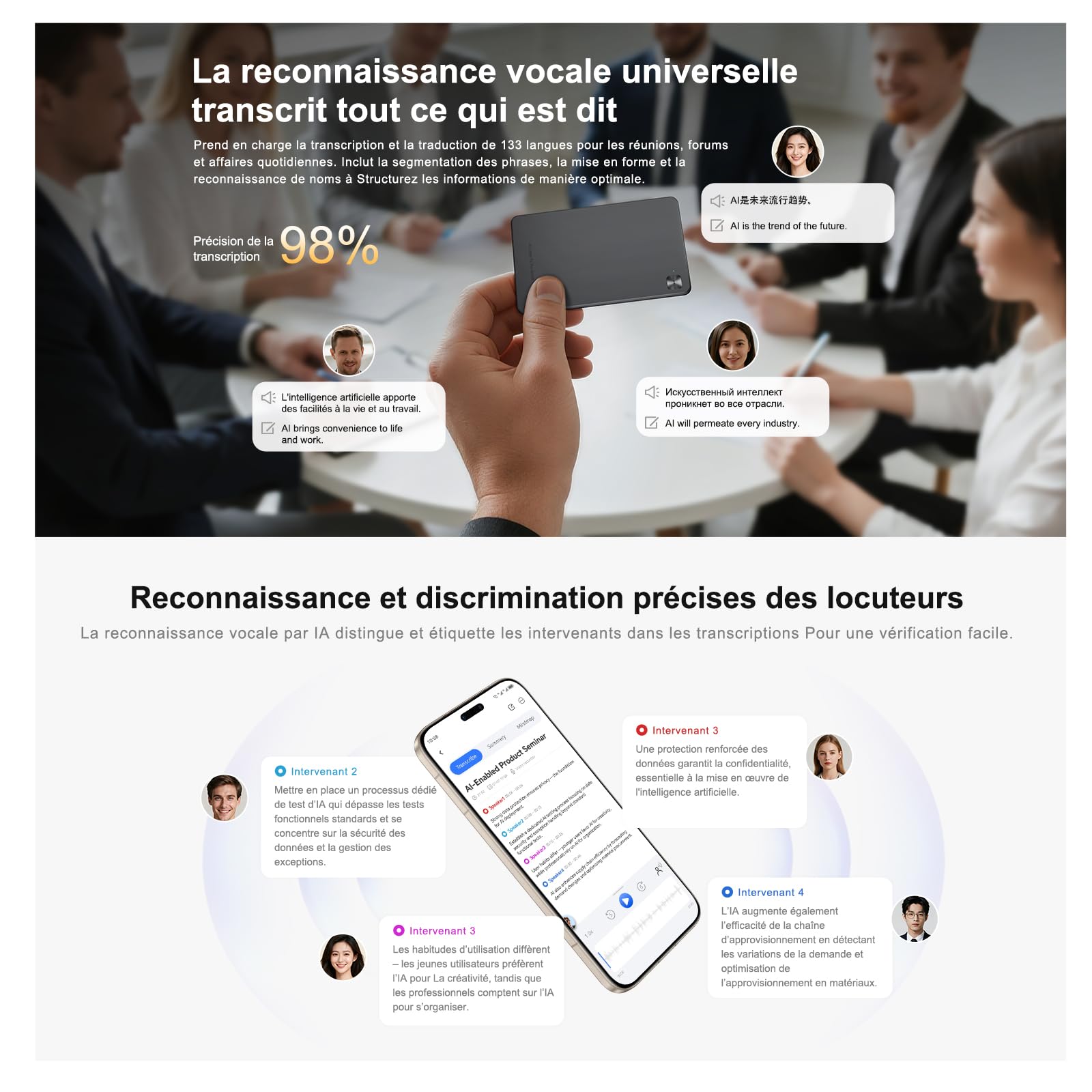HONOR Choice AI Note Enregistreur Vocal, 600 Min/Mois de Transcription Gratuite, Dictaphone Numérique avec Résumés IA et Cartes Mentales, 130+ Langues, Carte Magnétique Fine, pour Réunions et Appels