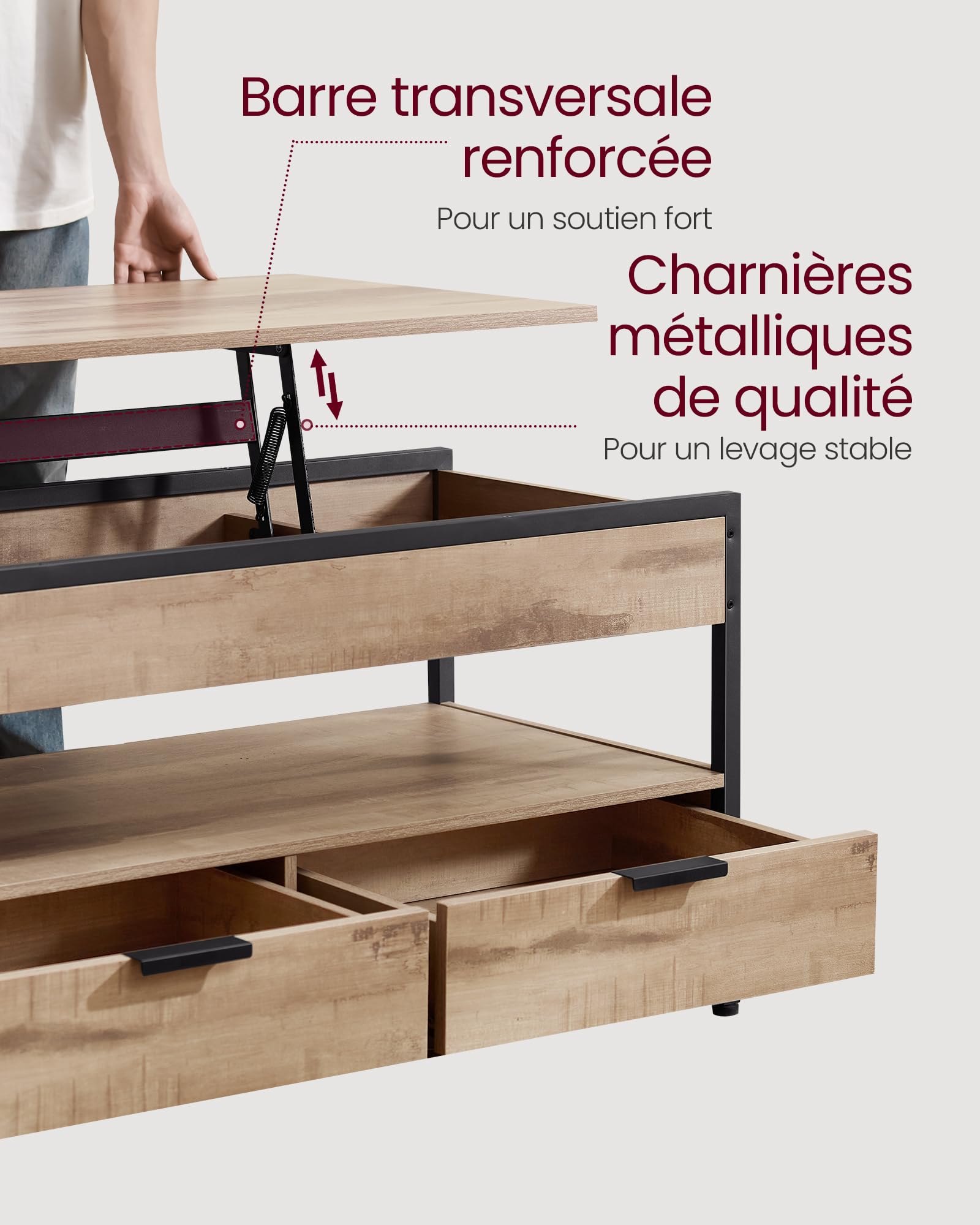 VASAGLE Table Basse, Table de Salon avec Plateau Relevable, Tiroirs de Rangement, avec Rangement Ouvert et Compartiment Caché, Marron Camel et Noir d'encre LCT209K02