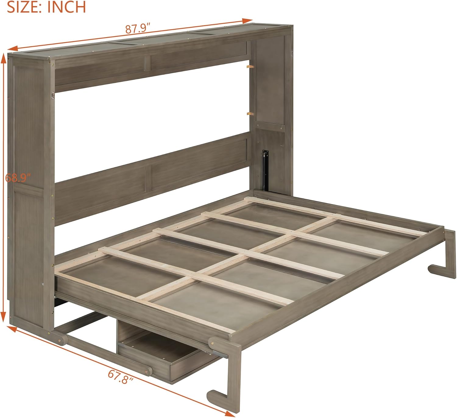 Queen Size Murphy Wall Bed with Storage, Foldable Cabinet Bed with Vanity Desk, Center Mirror & 2 Side Drawers, Space-Saving for Apartments, Studios, Home Offices (Gray/Mirror)