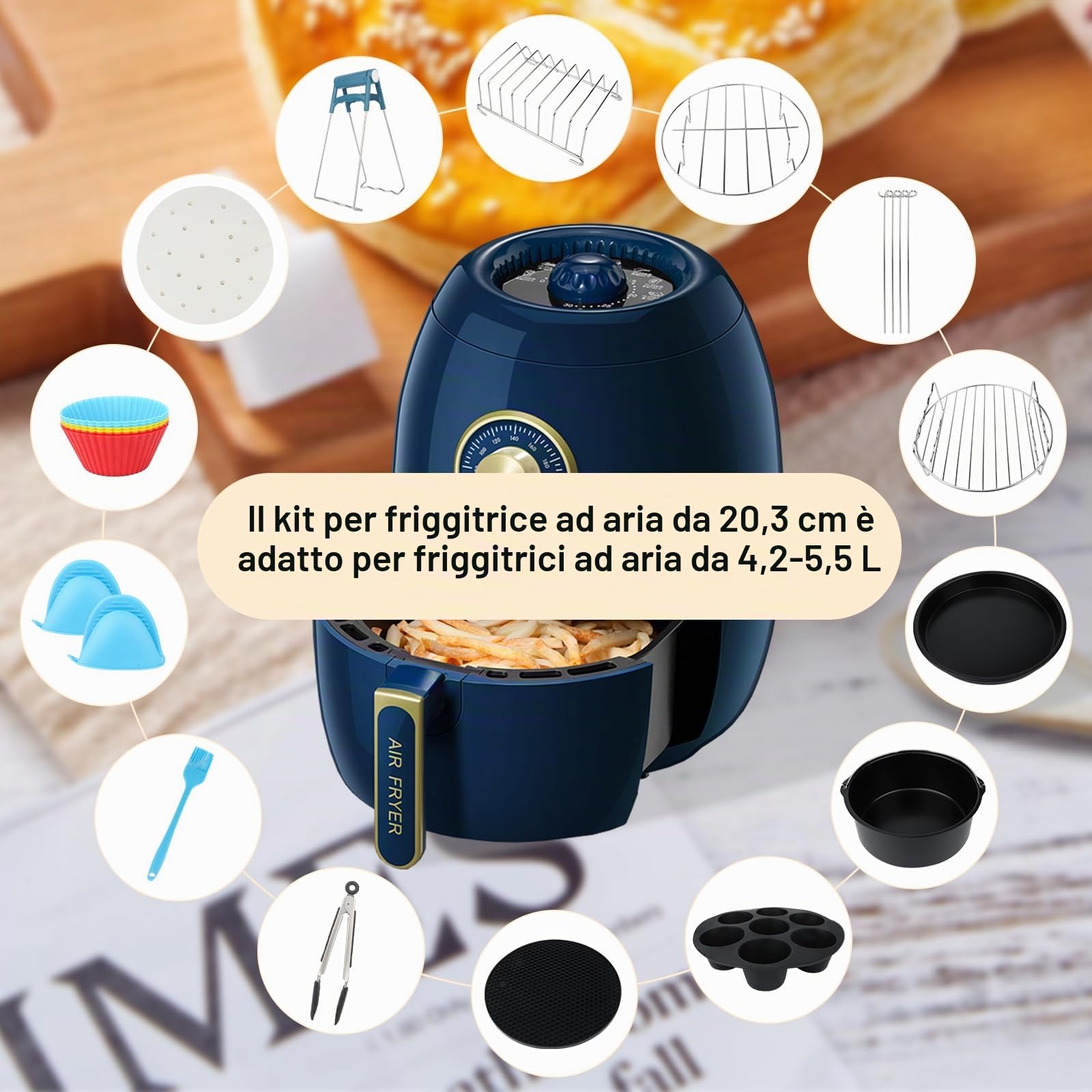 RISVOWO Accessori Per Friggitrice Ad Aria 13 Pezzi, 8 Inch Accessori Airfryer Senza BPA con 100 Fogli di Carta da Forno, Accessori Friggitrici Ad Aria Per Gowise/Phillips/Cozyna/Cosori