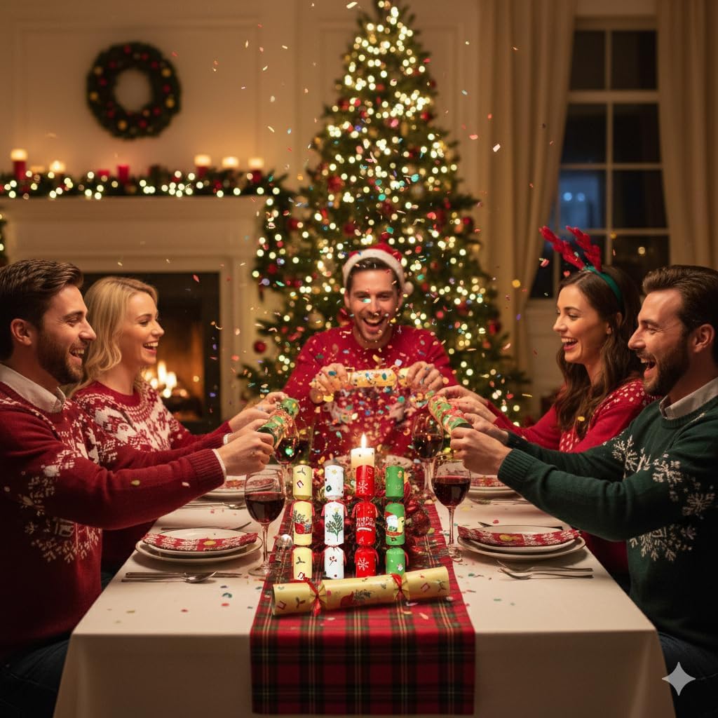12-Pack Christmas Crackers Non-Snap – Holiday Party Favors with Hat, Joke & Surprise Gift Inside, Christmas Table Decorations for Family Dinner
