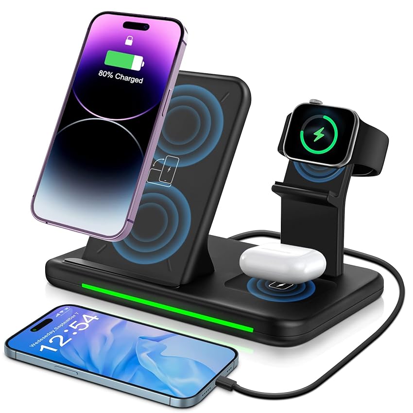 Immagine del prodotto ZOVHYYA 4 in 1 Caricatore Wireless 15W Ricarica Wireless Caricabatterie con adattatore 18W QC 3.0 Senza Fili Conveniente Ordinato Compatibile iPhone Android iWatch AirPods, ecc