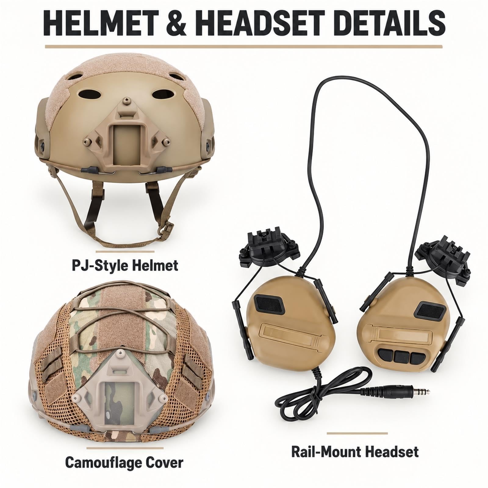 Set Casco Tipo PJ con Cuffie Occhiali Luce Segnale e Torcia