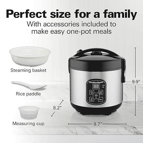 Miniatura 36 de Hamilton Beach - Olla arrocera programable digital y vaporizadora de alimentos, 8 tazas cocidas (4 en crudo) con cesta vaporizadora y de enjuague