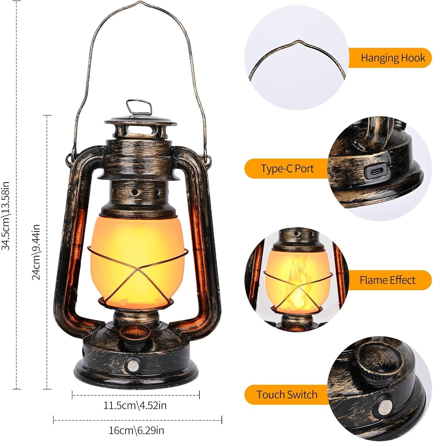 Vintage Lantern, LED Battery Powered Camping Lamp Outdoor Hanging Lantern Flickering Flame Rechargeable Retro Lanterns 3 Modes Light Non-Solar