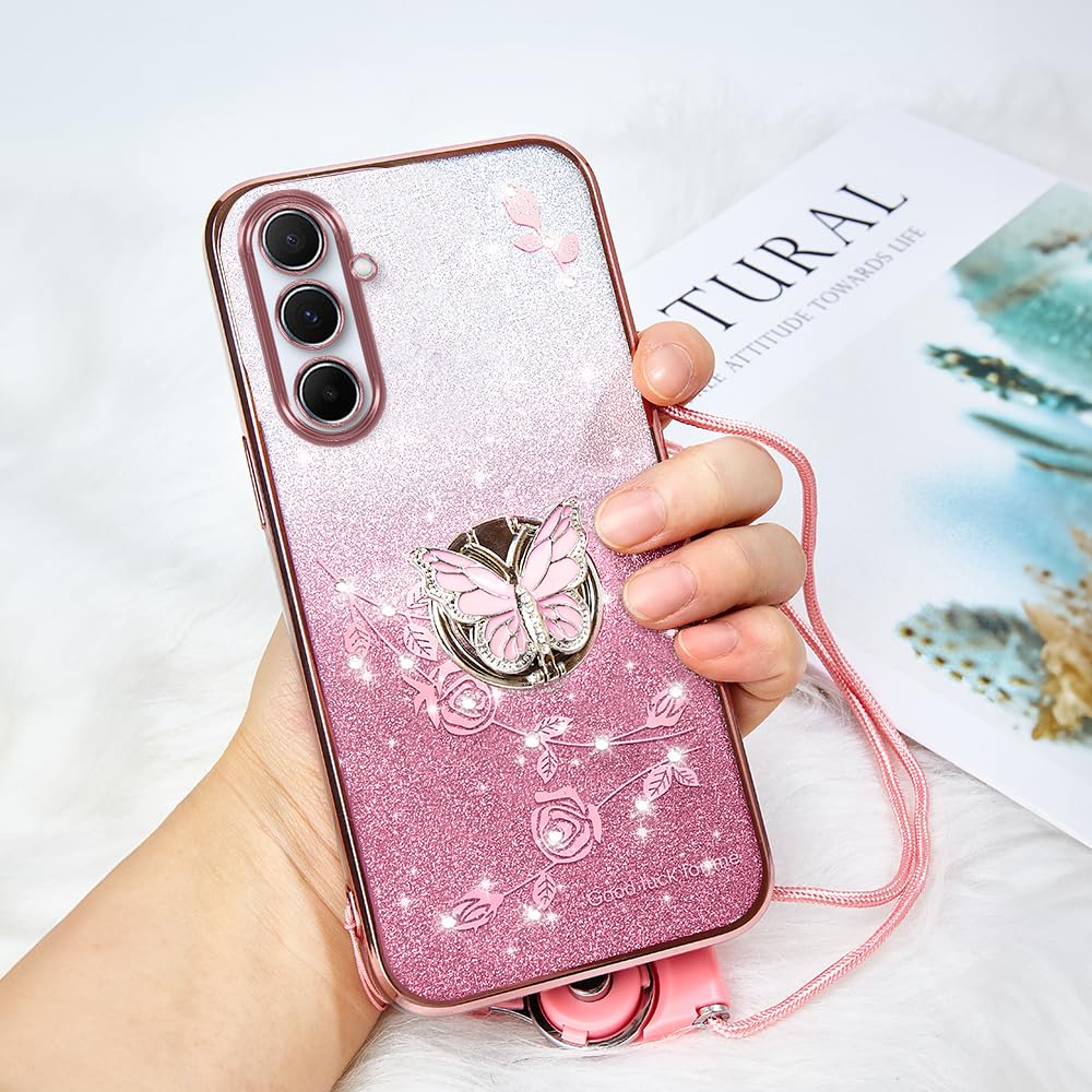 Funda protectora para Samsung Galaxy A14 5G/4G, funda protectora de TPU con soporte y correa para Samsung A14 5G/4G para mujeres y niñas, funda protectora de TPU con purpurina y mariposa floral