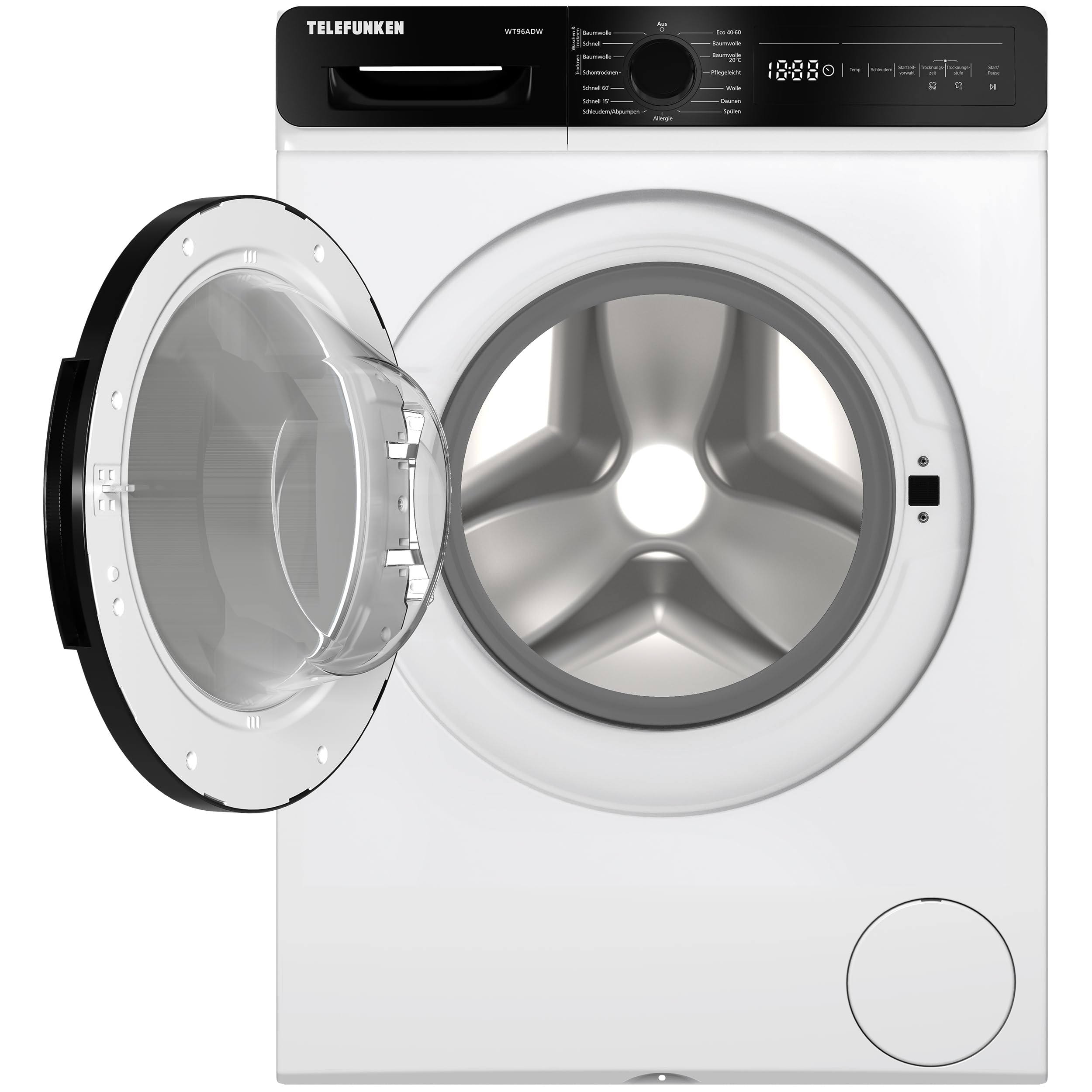 Telefunken Waschtrockner, 9 kg Waschen / 6 kg Trocknen, Waschmaschine mit Trockner integriert, 1400 U/Min, Frontlader Waschtrockner Kombi, Inverter Motor, AquaStop, Energiesparend, Weiß, WT96ADW
