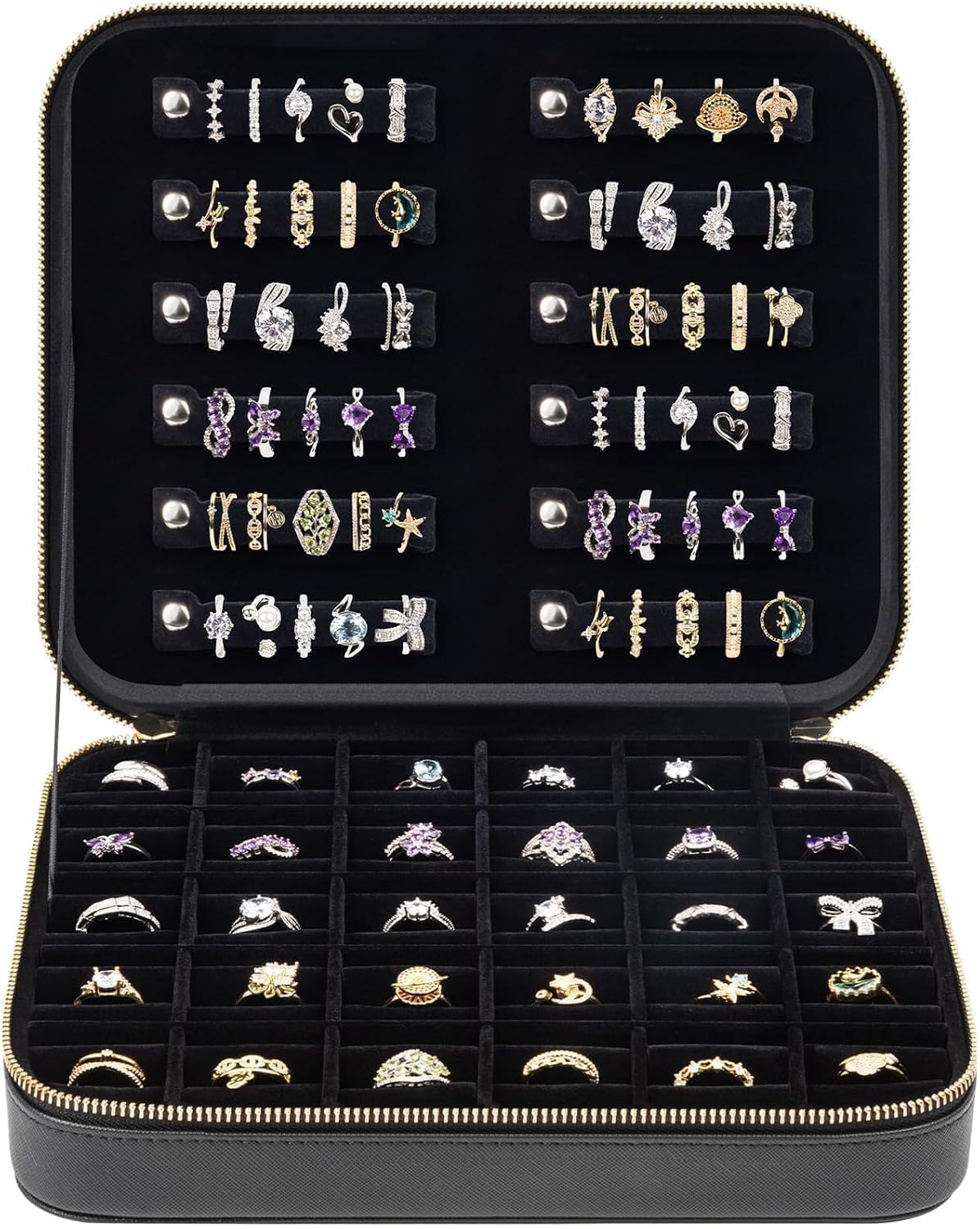Luxury Velvet Ring Storage Organizer Case, Leather Ring Holder for Women/ Girls/ Mothers/ Wife, Portable Jewelry Display Box with Large Capacity for 90+ Rings, Earrings, Necklaces - Black(Case Only)