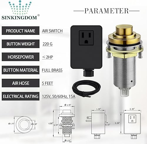 Miniatura 2 de SINKINGDOM Kit de interruptor de aire SinkTop (botón largo de latón completo) para eliminación de basura, bronce champán inalámbrico