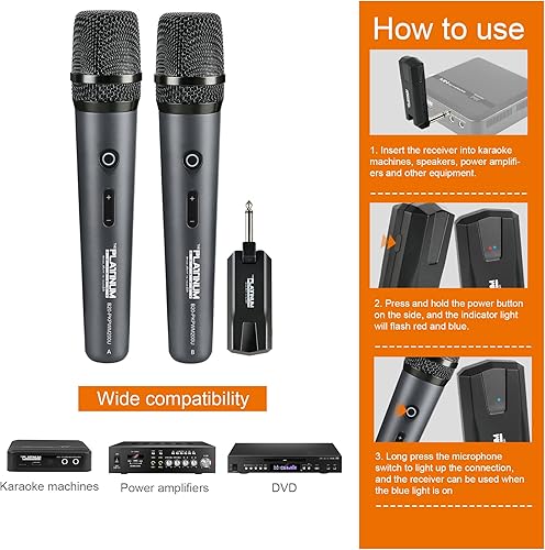 Miniatura 5 de El micrófono inalámbrico platino para entrada de micrófono UHF Metal Dynamic Handheld Micrófono multiusos con receptor recargable Rango de 160 pies