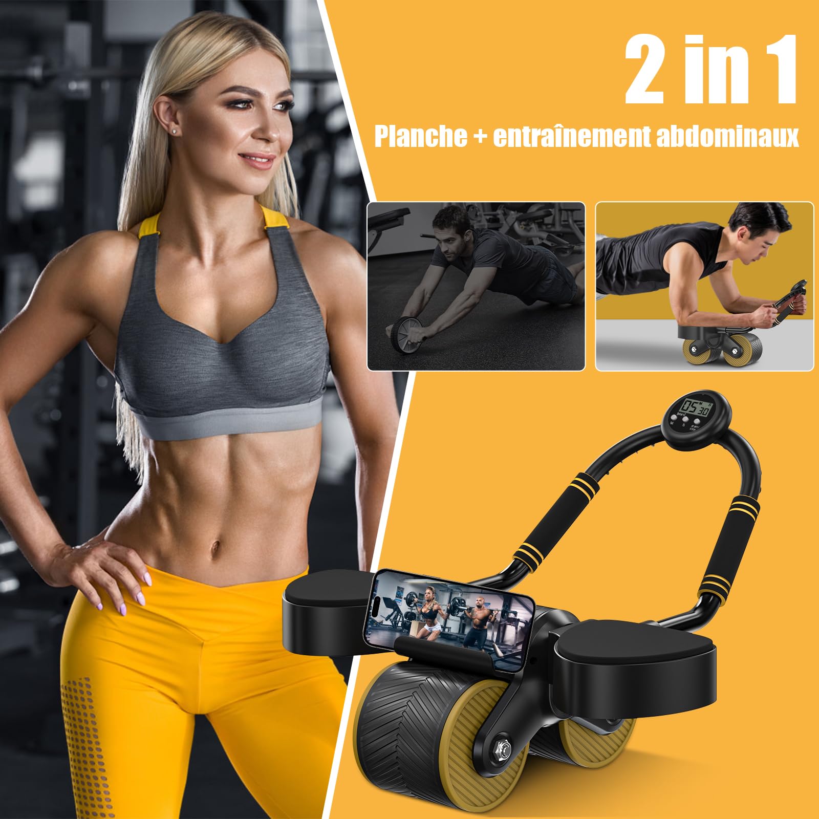 Roue D'exercice Ab Roller, 2 en 1 pour l'entraînement des abdominaux, Ab Roller avec Support De Coude, Abdominal Antidérapant L'entraînement De Base, La Maison avec Minuteur