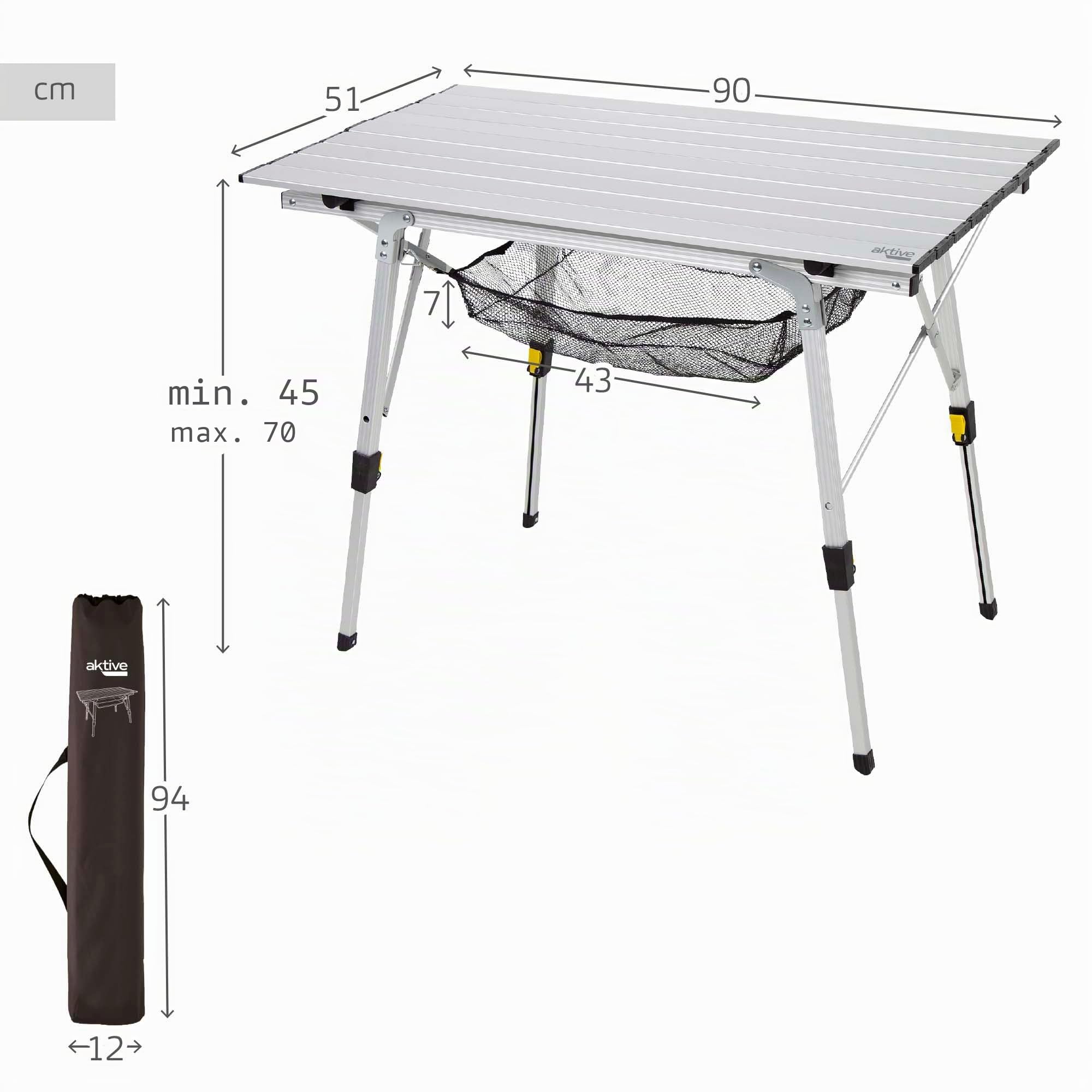 AKTIVE Table Pliante, 90X51X45, 70 cm, Pieds Télescopiques, Butées Antidérapantes, Plateau et Structure en Aluminium, Supporte 30 kg, Maille Amovible, Tables Pliantes, Camping, Plage