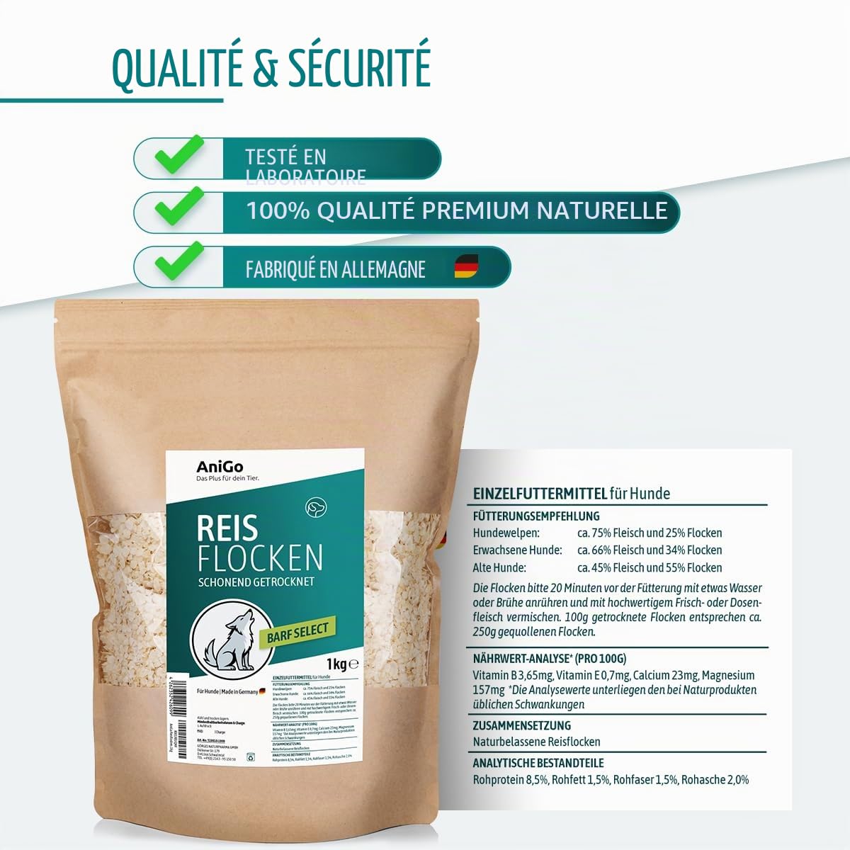 AniGo Flocons de riz pour chien 1 kg, flocons de riz pour chien, flocons de légumes pour chien, sans gluten, flocons de légumes pour chien, Barf, additif pour chien