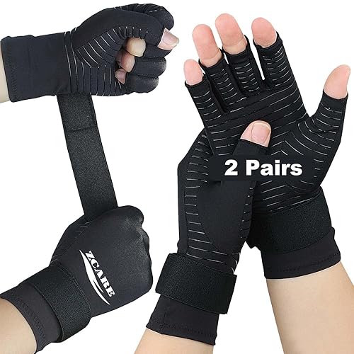 2 pares de guantes de artritis de cobre con correa de muñeca ajustable para mujeres y hombres guantes de artritis de compresión sin dedos para túnel