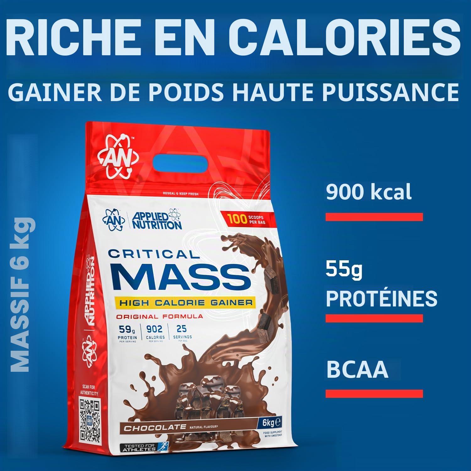 Applied Nutrition Critical Mass Protéine en Poudre, Saveur Fraise, 6 kg, 55 g de Protéines par Portion, 25 Portions, Gainer Calorique avec MCT, L-Glutamine et CLA