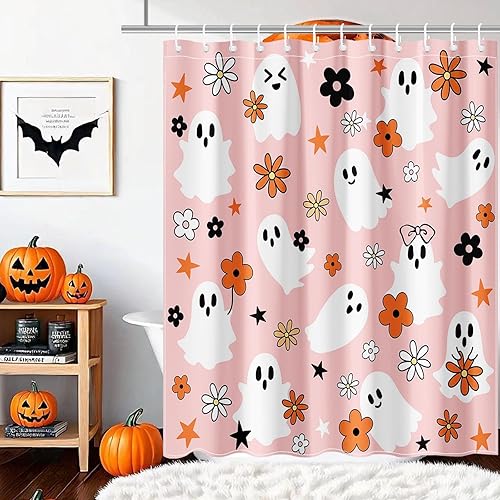 Miniatura 7 de Mocsicka Cortina de ducha de Halloween, estética de fantasma, decoración de baño, moderna y gótica, espeluznante cortina de baño (rosa, 71 x 71