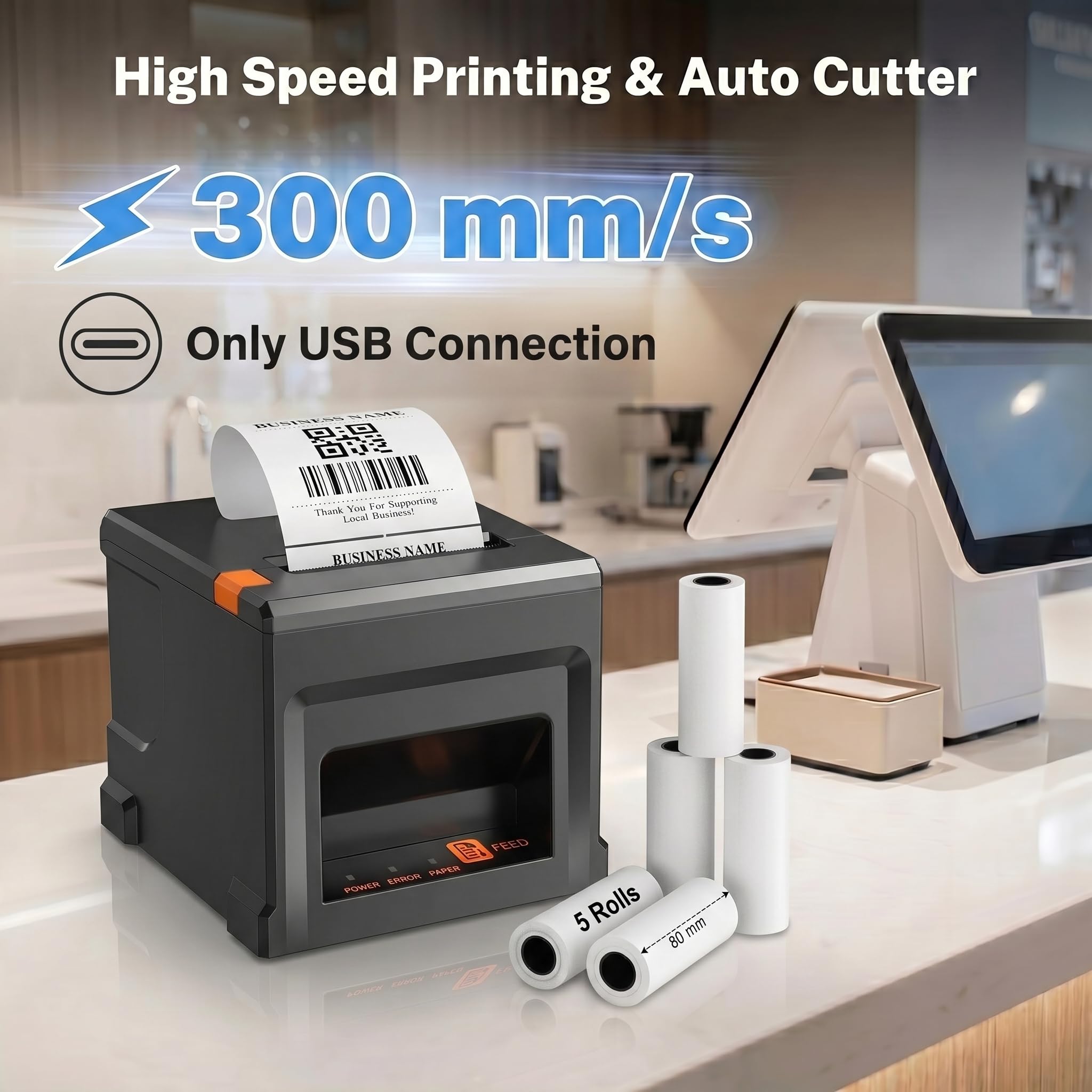 80mm POS Quittungsdrucker mit Auto-Cutter, 300mm/s USB Thermo Bondrucker, für Restaurant & Küche mit Lautsprecher-Signal, ESC/POS kompatibel (Windows/Mac/Linux)