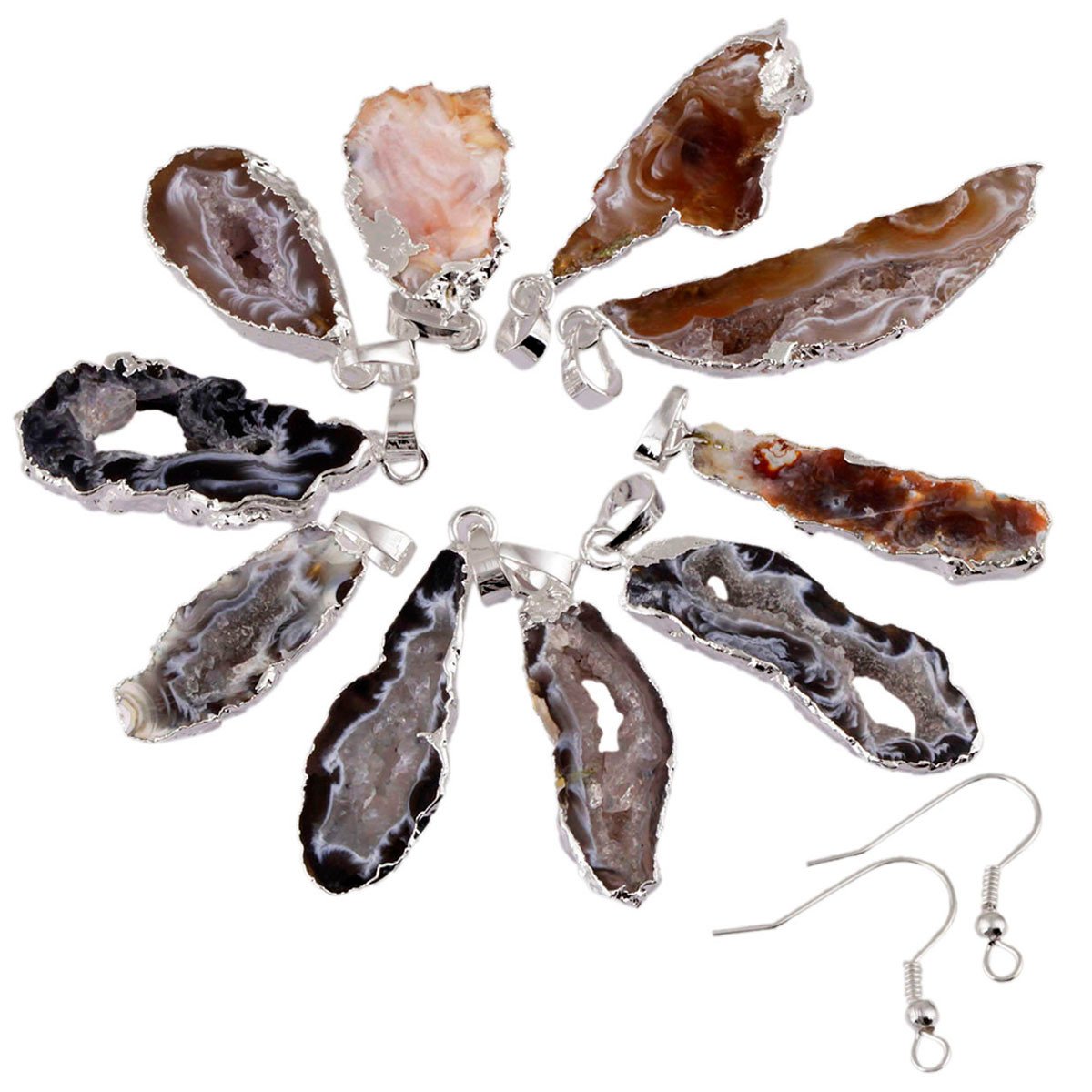 SUNYIK Irregualr Natural Agate Quartz Geode Druzy Pendant Necklace Healing Crystal,Gold/Silver Plated, 0.5"-1.2" Pack of 5