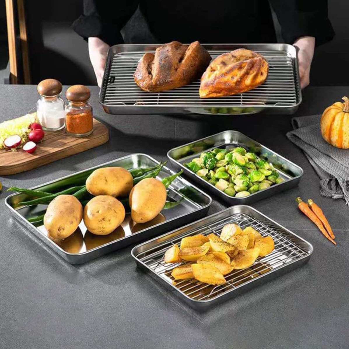 Edelstahl Backblech Satz mit Kühlgitter Multifunktionales Backzubehör für Backofen und Camping Praktisches 1 Satz zum Backen und Kühlen von Gebäck Zufälliger Stil