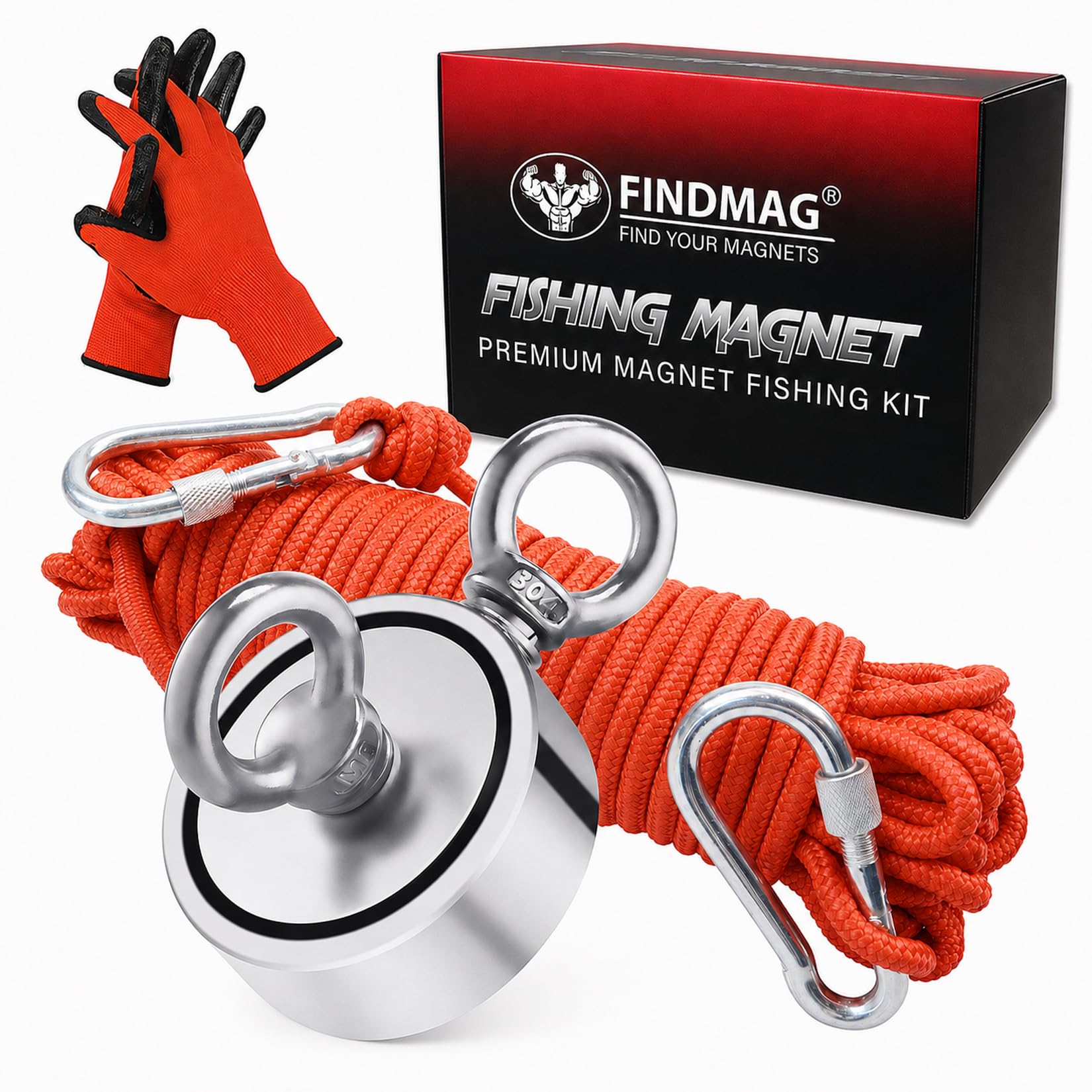 FINDMAG Ensemble de pêche magnétique, aimant de pêche à forte force de traction de 300 kg, pêche à aimant rond en néodyme avec anneaux double face, pour récupérer dans la rivière, Diamètre 60 mm