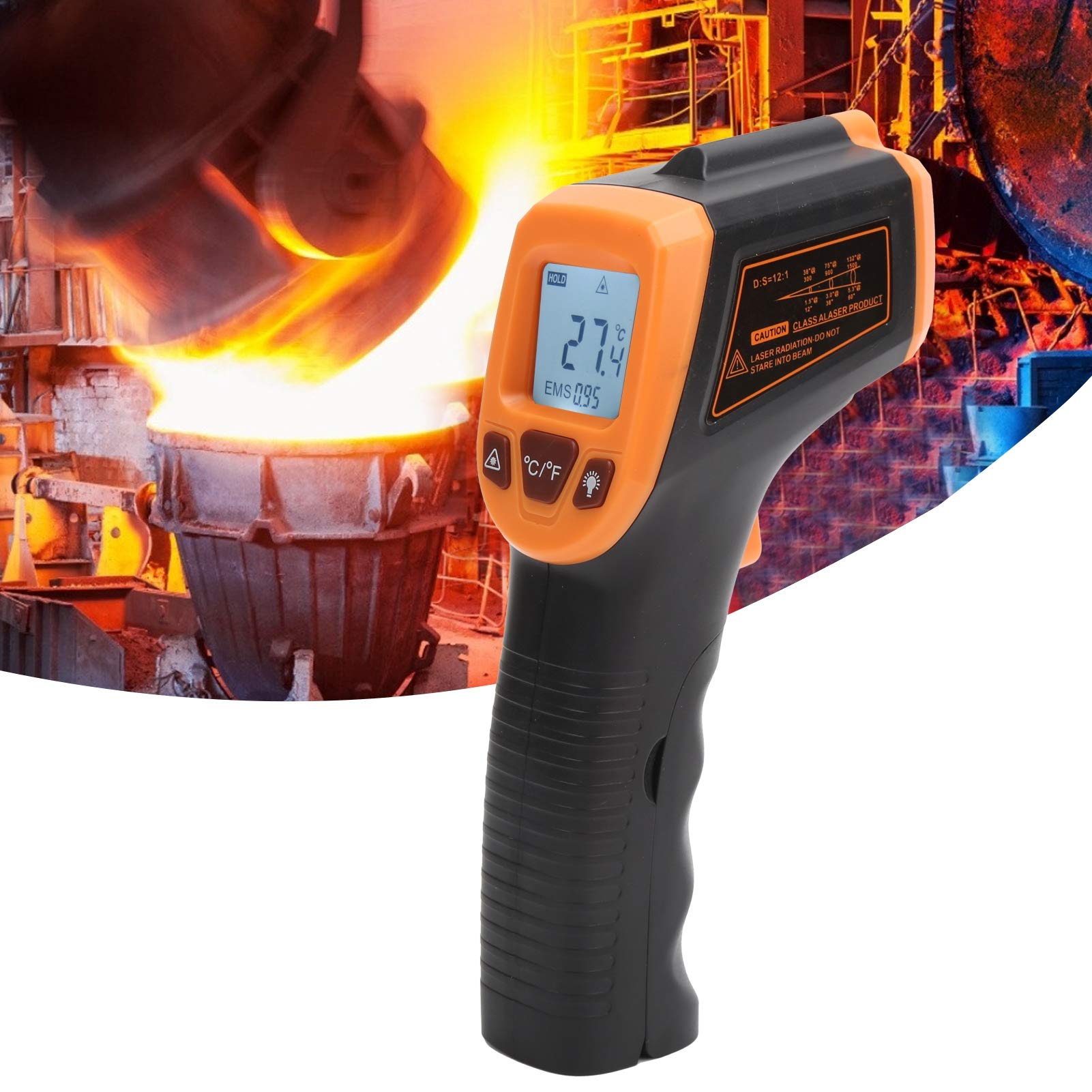 Termometr na podczerwień, -50 ℃ do 600 ℃ Bezkontaktowy Cyfrowy Pistolet do Pomiaru Temperatury z Wyświetlaczem LCD,Pistolet z Termometrem na podczerwień do Gotowania,Pieca do Pizzy (Pomarańczowy)