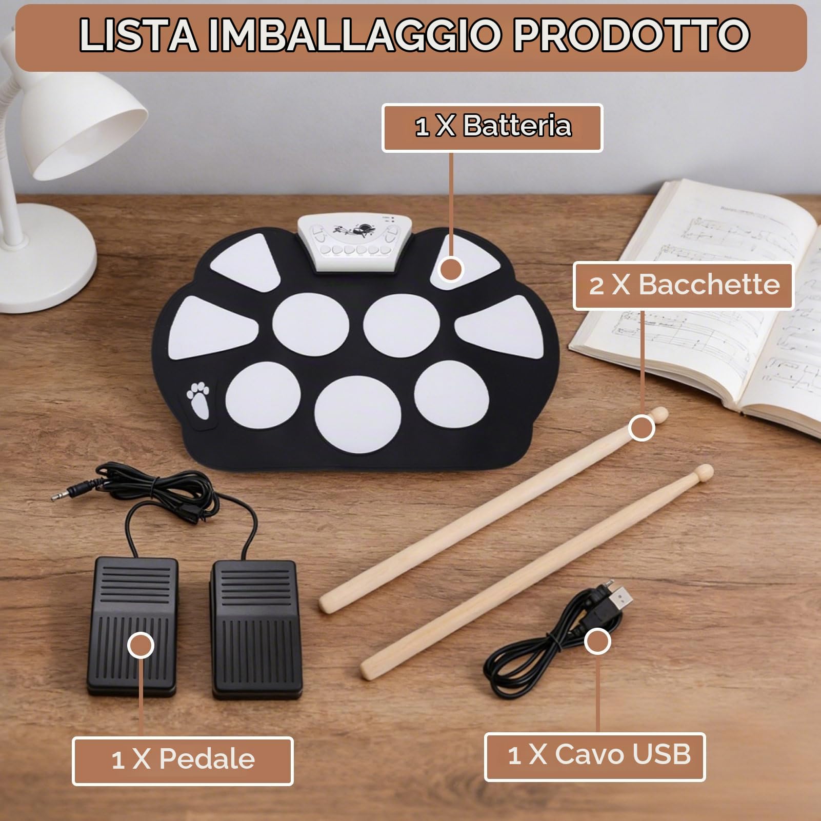 Batteria Elettronica, Batteria Arrotolabile Batteria Elettrica Portatile a 9 Pad con Bastoncini e Pedale e Cavo USB per Bambini, Studenti, Principianti, Appassionati