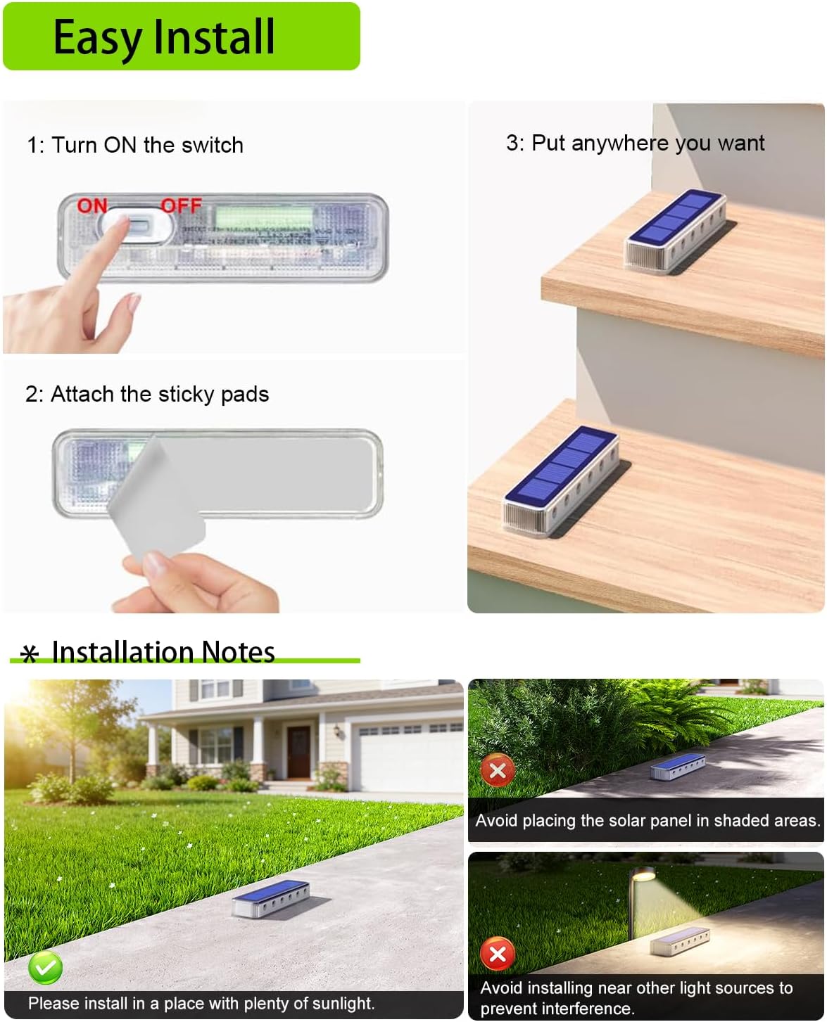 DetarZinLED Solar Step Lights for Outside 4 Pack, 12 LEDs 2-Sided Illumination Solar Stair Lights Outdoor IP68 Waterproof,Auto On/Off Deck Lights Solar Powered for Patio,Yard,Path,Walkway (Warm White)