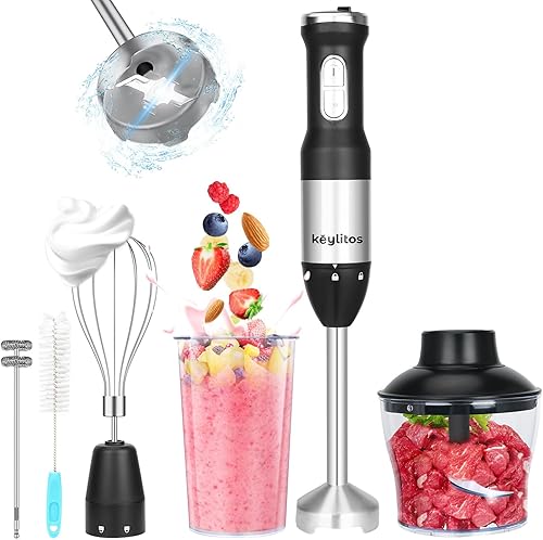 Keylitos 5 in 1 Immersion Hand Blender Mixer, [Upgraded] Handheld Stick Blender with 600ML Chopper, 800ML Beaker, Whisk and Milk Frother for Negro
