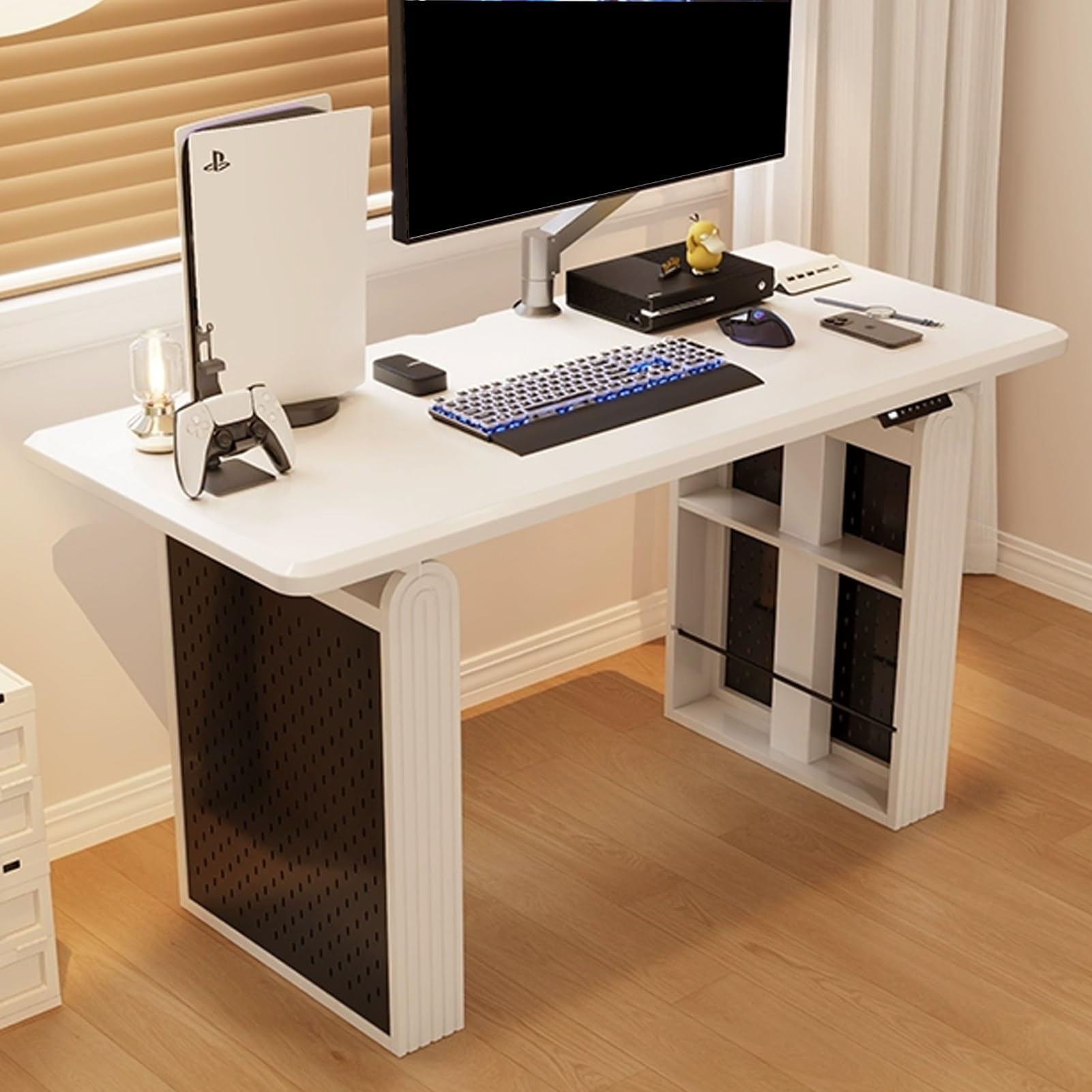 MYUYEE Jkghk Adjustable Standing Desk, Sit Stand Desk With Two Pegboard Storage Boards, Stand Up Desk With 3 Height Memory Buttons, For Home And Office (White-47In)
