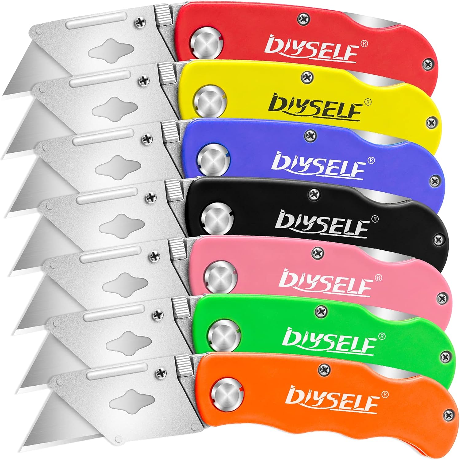 DIYSELF Knife 7 Pack Box Cutters, Back Lock Design, Quick Change Blade, Razor Knife Folding Utility Knives for Work, Boxes, Cardboard, Carton, Carpet
