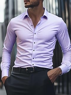Generic Camisa de vestir justa para homem, sem rugas, manga comprida, com botões, para negócios, escritório e uso casual