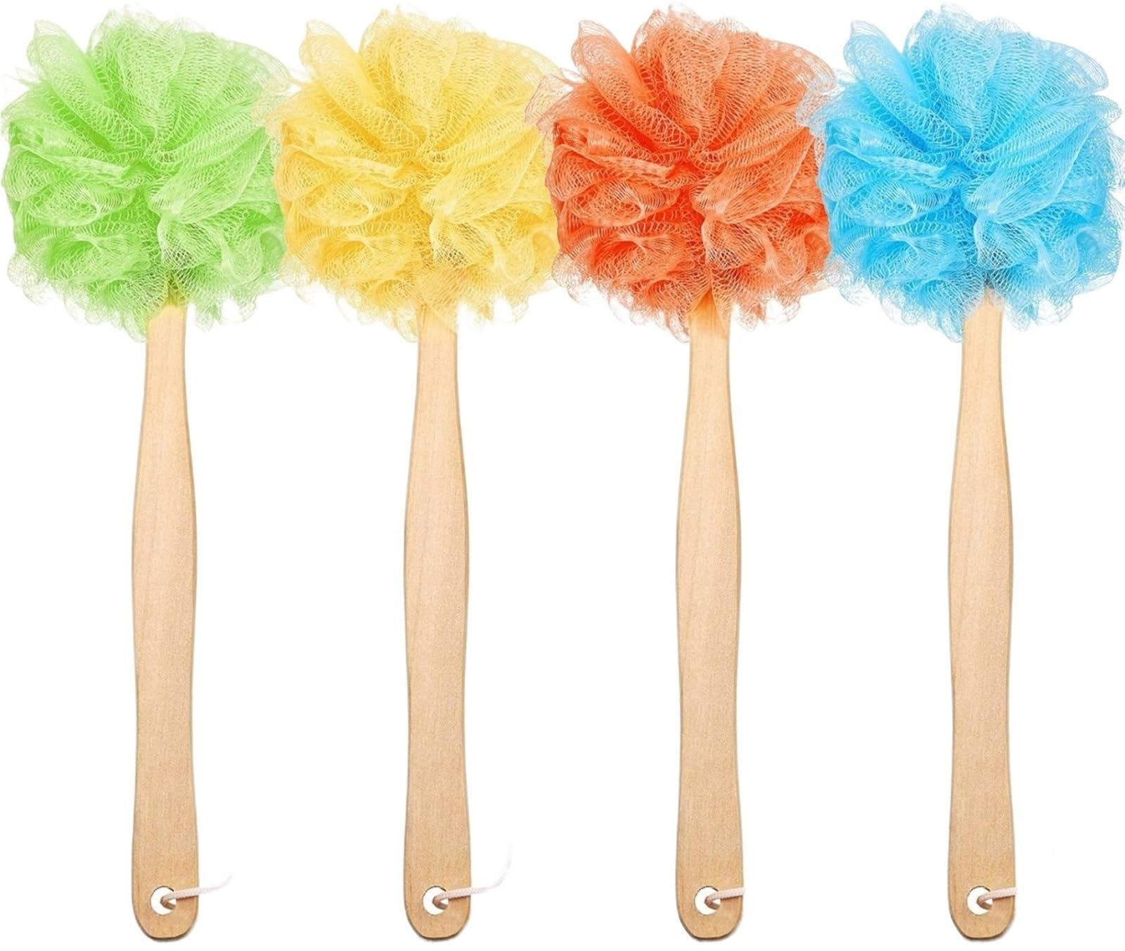 Confezione da 4 scrubber for la schiena in luffa con manico lungo spugna bagno esfoliante in legno for doccia - Blu, Arancione, Giallo, Verde Per Bagno