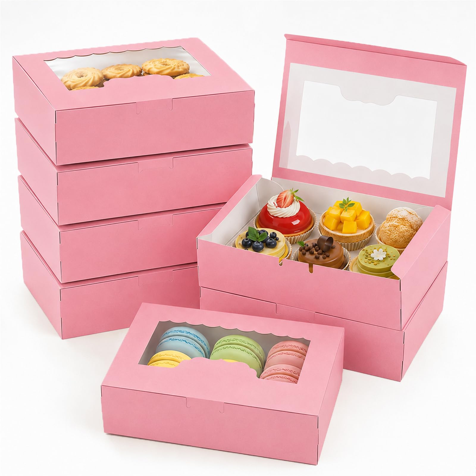 Cookie Boxes, 30 PCS Cupcake Boxes, Mini Cake Boxes Bakery Pastry Boxes with Window for Cake Pastries Pie Board Cardboard Gift Packaging Boxes Bakery Coffee Shop Pink 21 x 13.5 x 5 cm