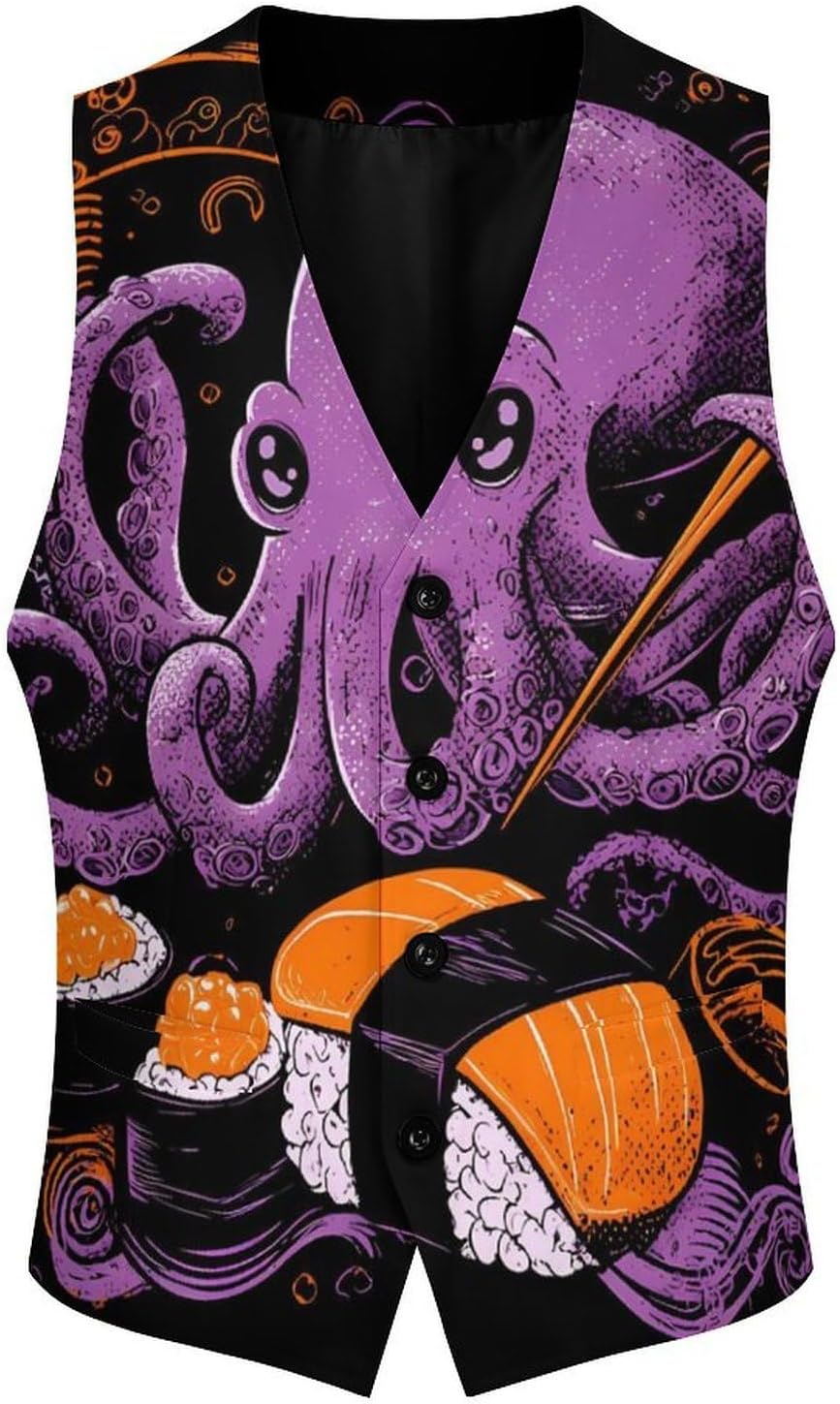 Octopuss Eating Sushi Suit Vest for Men Slim Fit Business Dress Waistcoat for Suits Tuxedo