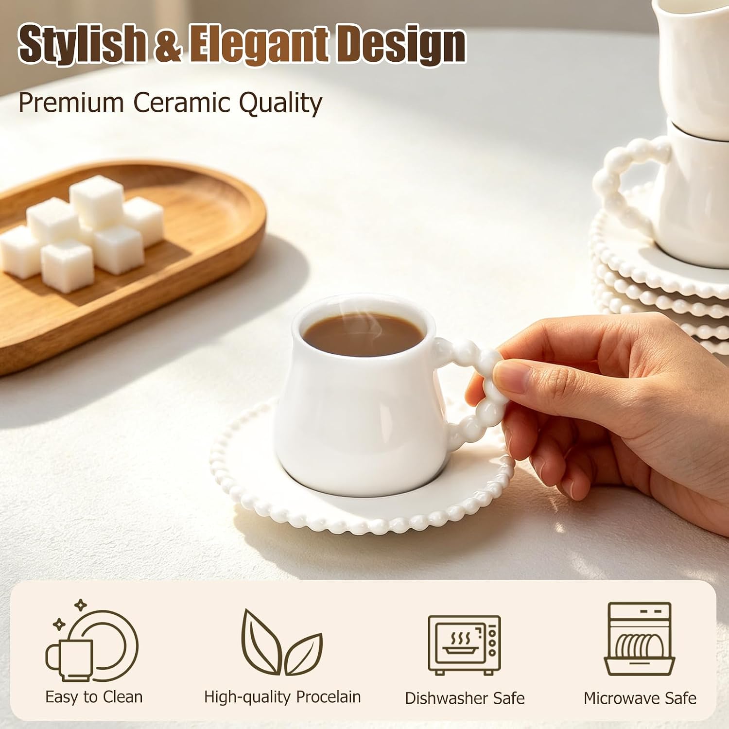 3oz Porcelain Espresso Cups & Saucer Set of 6, Turkish Coffee, White
