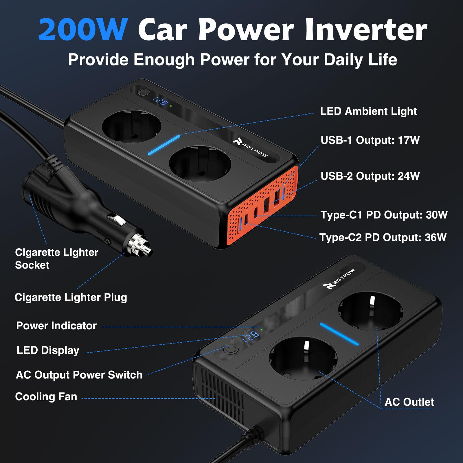 RoyPow Convertisseur 12V 220V 230V 240V 200W Prise Allume Cigare Transformateur de Tension, 2 Prises EU et 4 Ports USB, CC vers CA pour Voiture