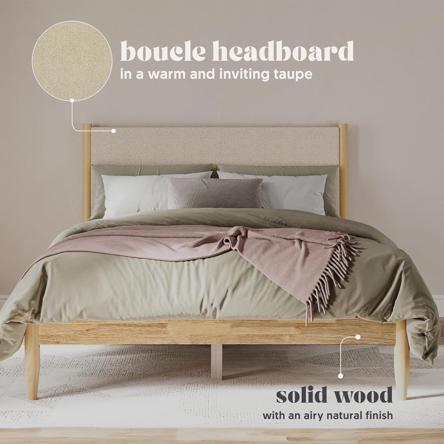 DG Casa Reign Boucle Mid-Century Modern Full Size Wooden Platform Bed Frame - Upholstered in Taupe Boucle - Solid Wood with Natural Finish