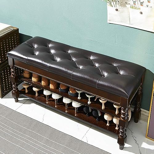 Miniatura 4 de LEILISI Banco de zapatos, banco de almacenamiento de madera con asiento acolchado, zapatero con espacio de almacenamiento oculto para entrada, sala