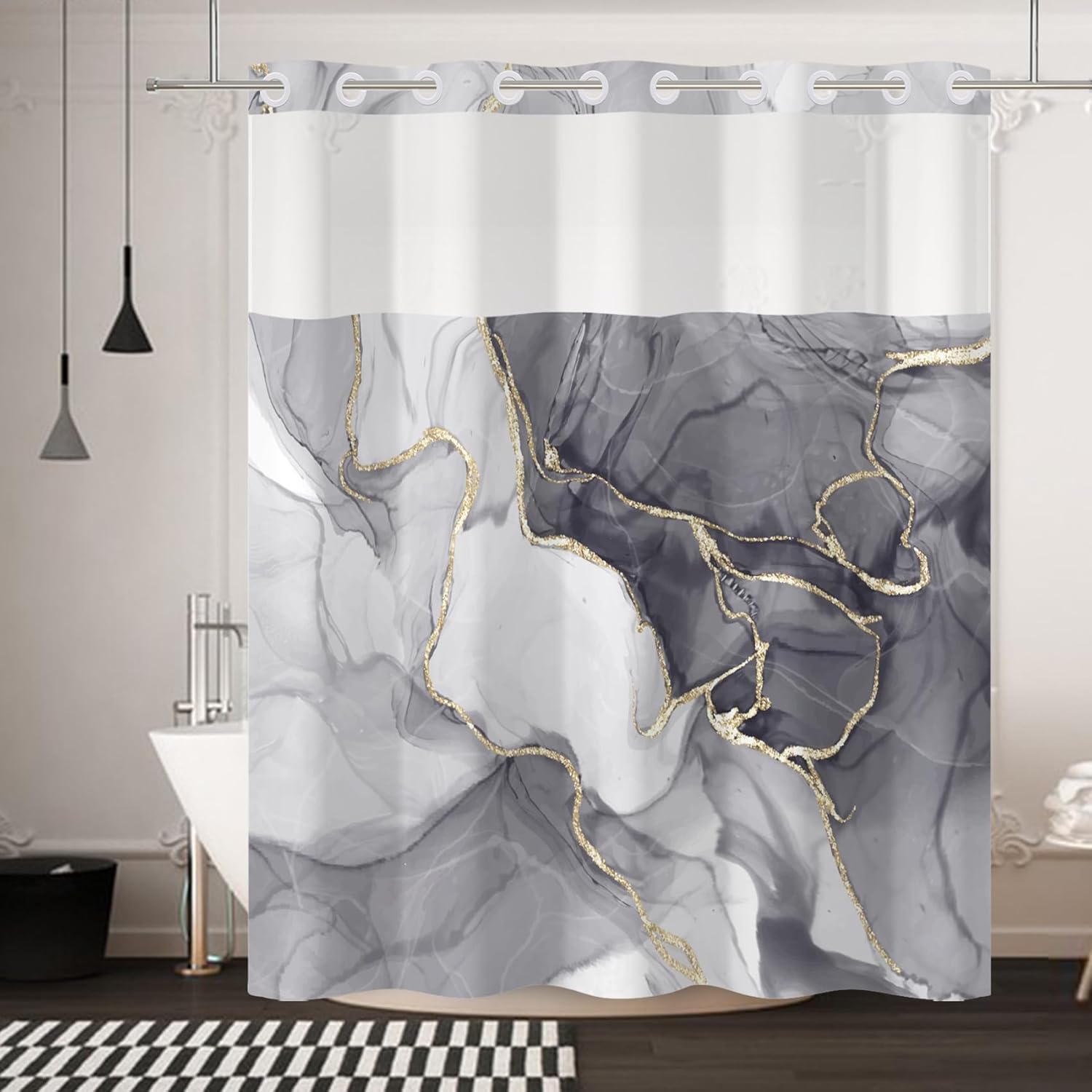 No Hook Shower Curtain,Gray Marble Double-Layered Shower Curtain with Snap-in Liner and Weights,Modern Abstract Luxury Fabric Bath Curtain with See Through Mesh, 71x74in