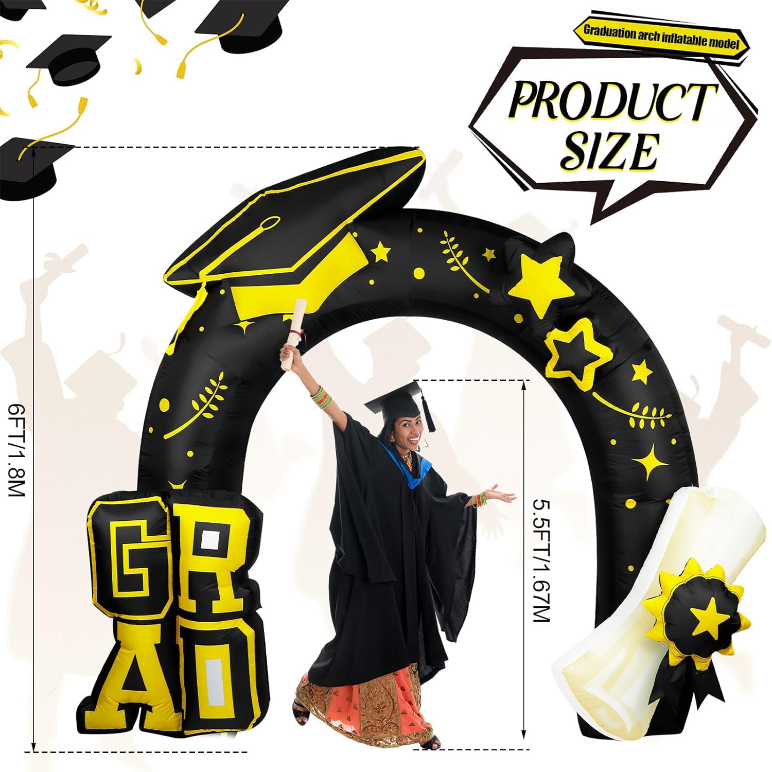 8ft Graduation Inflatables Arch Decorations Outdoor Yard Black Gold Graduation Blow up Decor Congrats Grad Inflatables with Cap LED Lights for Class of 2026 High School College Prom Party