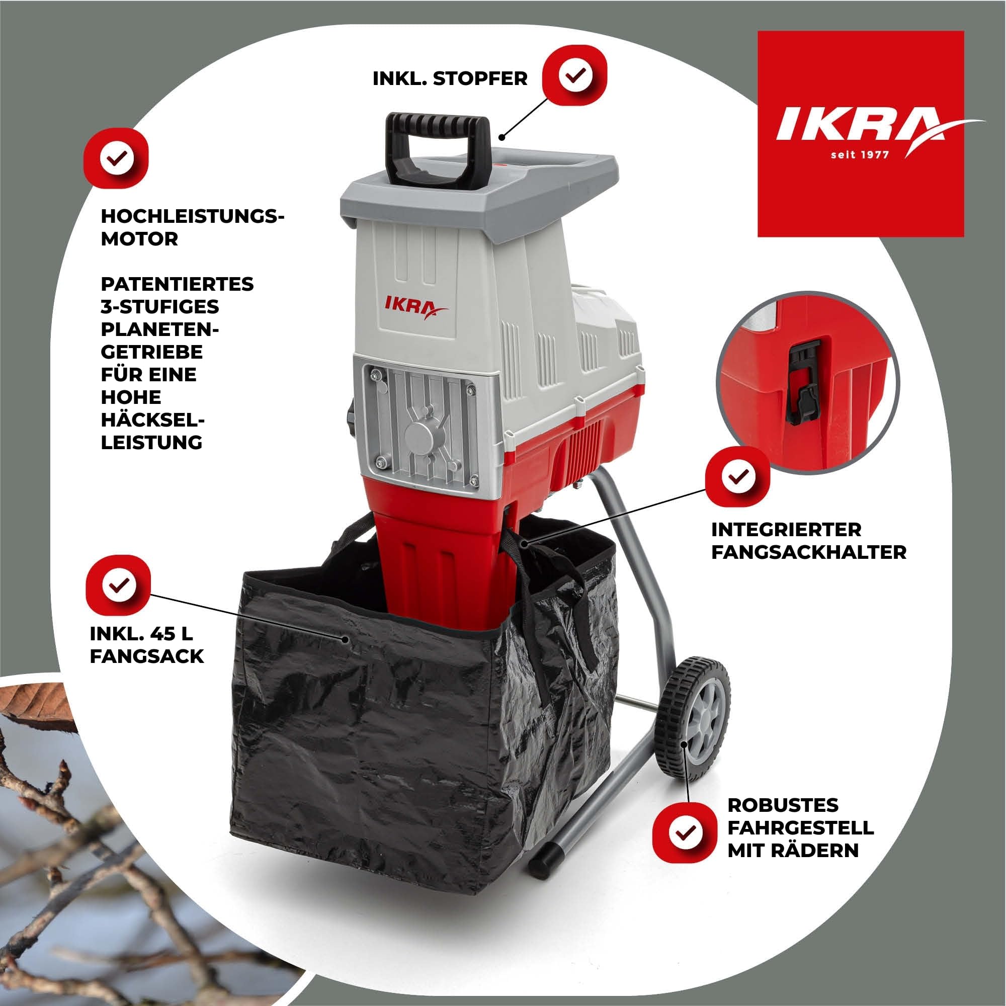 IKRA Elektro Gartenhäcksler Walzenhäcksler ILH 3000S, Aststärke bis 44mm | Hochleistungsmotor, leise robust wartungsarm, starke 3000 Watt, selbstständiger Asteinzug, automatischer Rückwärtslauf