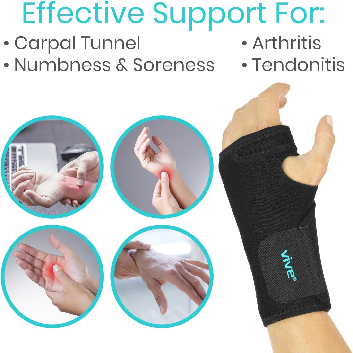 Vive Wrist Brace - Carpal Tunnel Hand Compression Support Wrap for Men, Women, Tendinitis, Bowling, Sports Injuries Pain Relief - Removable Splint - Universal Ergonomic Fit (Black, Left)