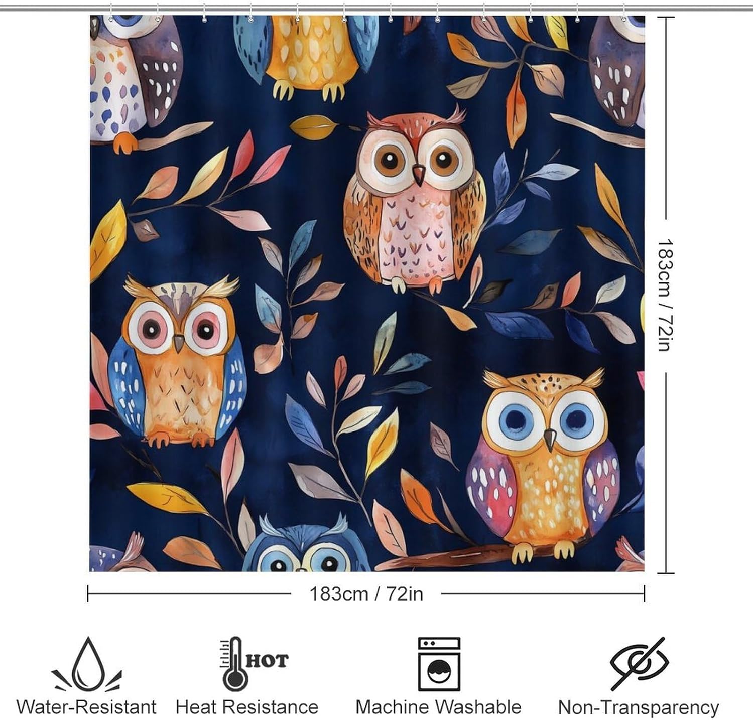 Colorful Owls and Leaves Modern Bathroom Sets with Shower Curtain and Rugs Decor 4 Pcs with 12 Hooks