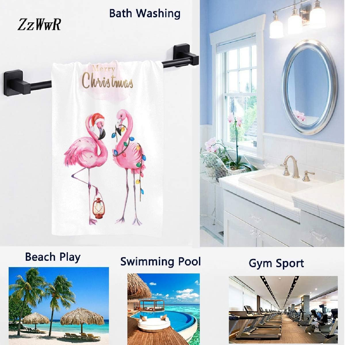 Trendy Beautiful Couple Flamingo with Santa's Hat Christmas Decor Soft Guest Large Home Hand Towels Multipurpose for Bathroom, Hotel, Gym and Spa (16 x 30 Inches,White)