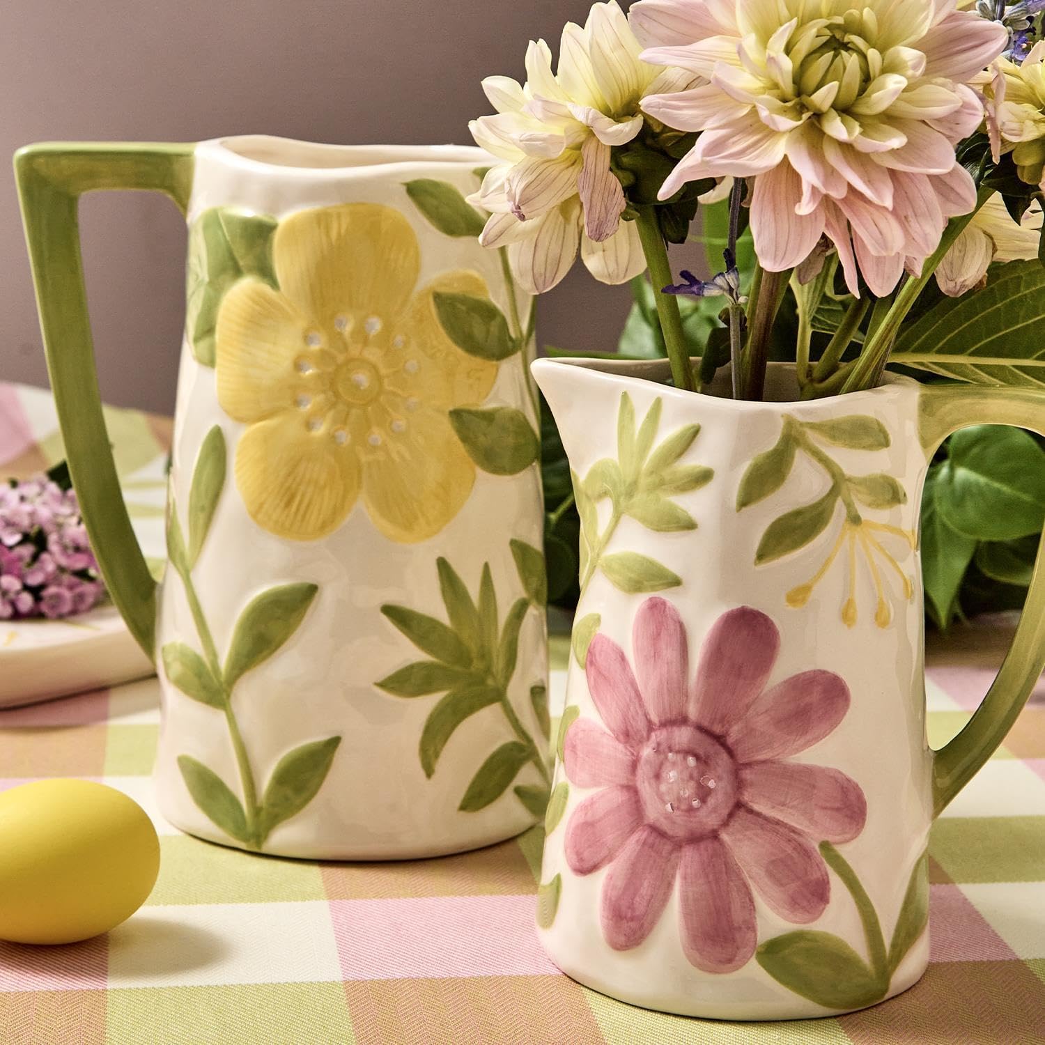 Two's Company Floribunda Pitchers with Floral Relief Design, Ceramic, Set of 2