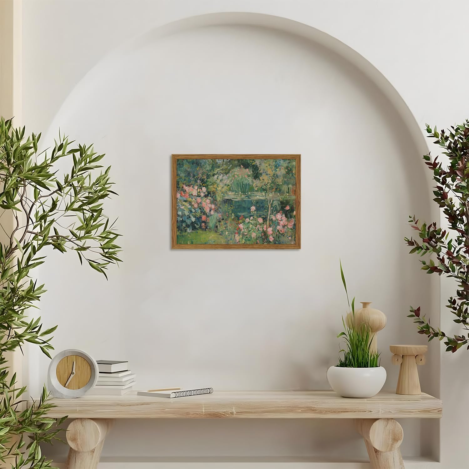 Framed Vintage Floral Landscape Canvas Wall Art, Rose Garden Pond Wall Decor Paintings, Rustic Cottagecore Nature Plant Pictures Prints Aesthetic Home Decor for Living Room Bedroom Bathroom 12x16 inch